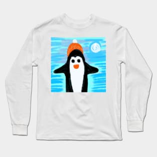 blue snow black penguin design Long Sleeve T-Shirt